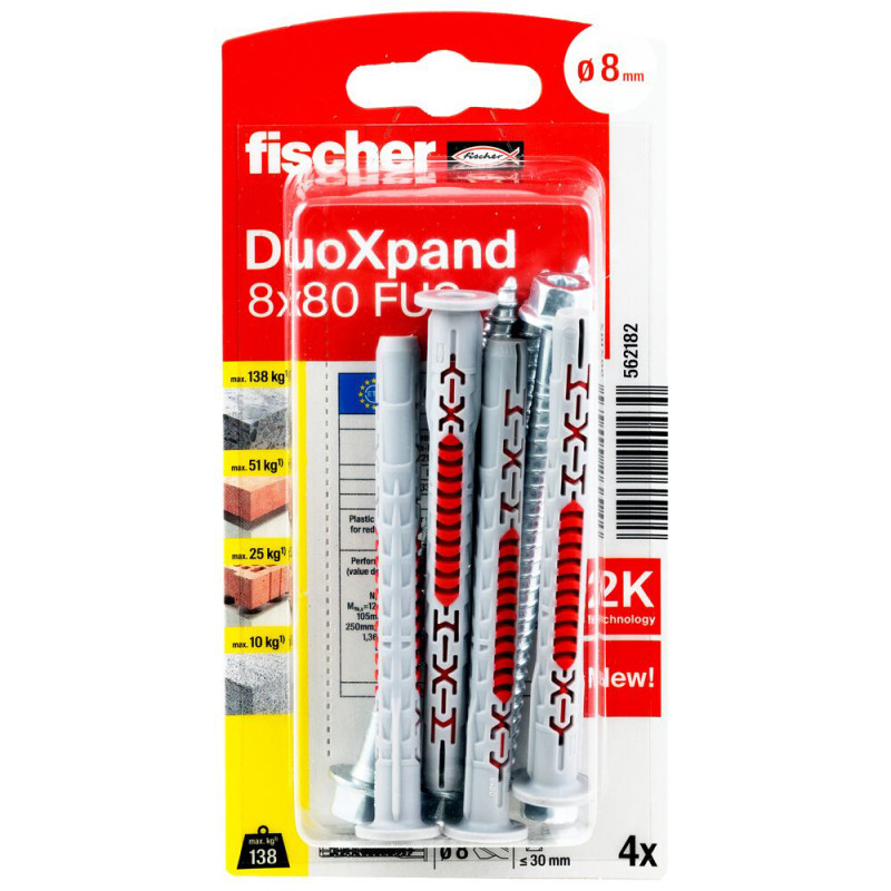 Cheville DuoXpand en nylon Ø 8 x 80 mm avec vis à tête hexagonale 4 pièces Cheville DuoXpand en nylon Ø 8 x 80 mm avec vis à tête hexagonale 4 pièces