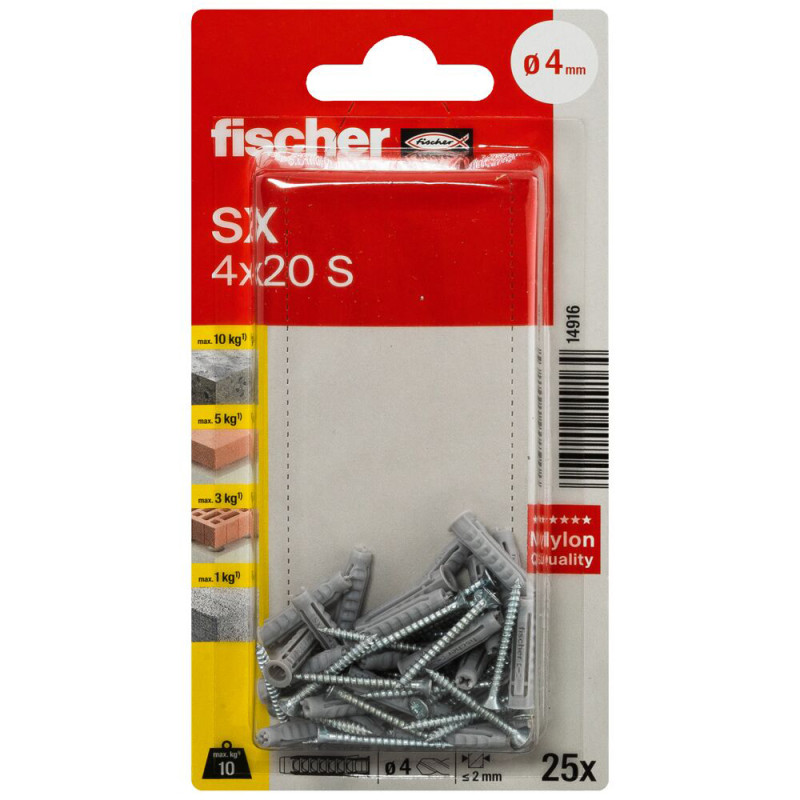 Cheville à expansion SX Ø 4 x 20 mm avec vis 25 pièces