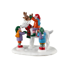 Figurine trio d'elfes et bonhomme de neige renne LEMAX