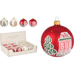 Boule de Noël en verre Ø 8 cm avec maison en pain d'épice 12 pièces