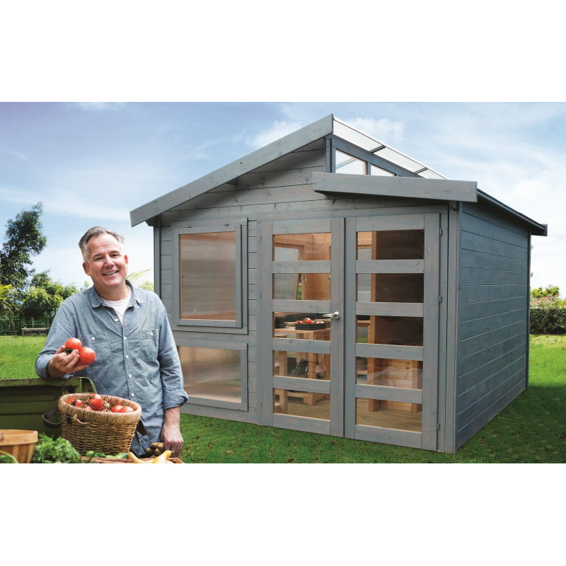 Abri de jardin bois Merano 3x3m, serre moderne double porte | SOLID