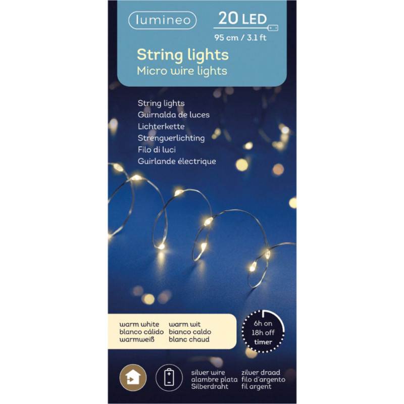 Fil illuminé argenté 20 micro LED blanc chaud 95 cm LUMINEO