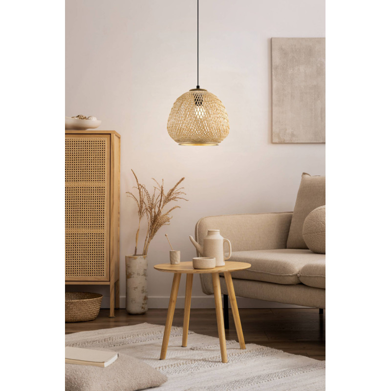 Suspension Dembleby noire et bois naturel Ø 32 cm E27 40 W EGLO Suspension Dembleby noire et bois naturel Ø 32 cm E27 40 W EGLO