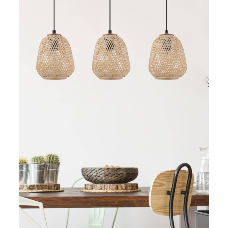 Suspension Dembleby noire et bois naturel E27 3 × 40 W EGLO Suspension Dembleby noire et bois naturel E27 3 × 40 W EGLO