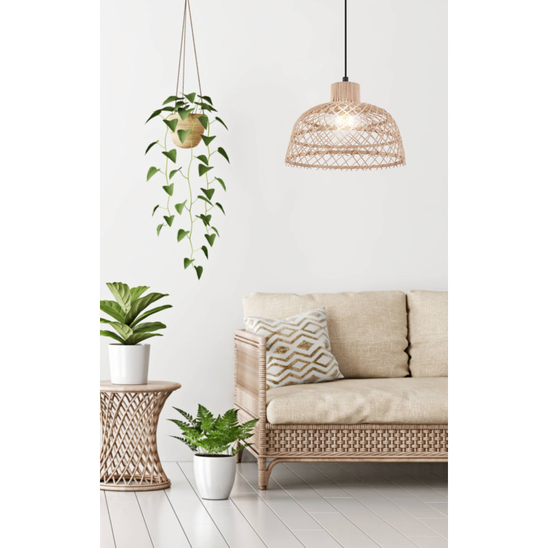 Suspension Ausnby noire et bois naturel Ø 37 cm E27 40 W EGLO Suspension Ausnby noire et bois naturel Ø 37 cm E27 40 W EGLO