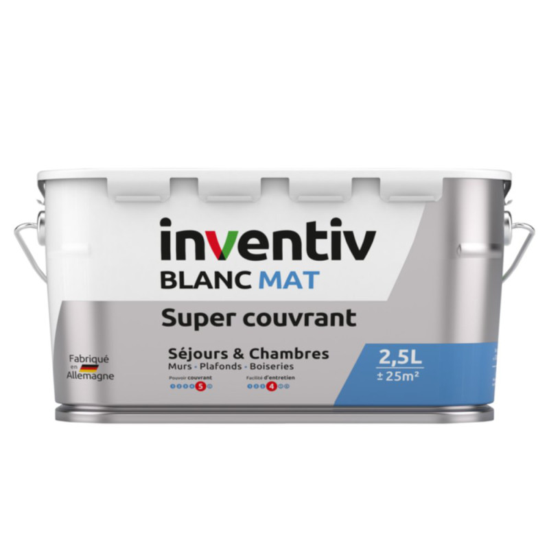 Peinture pour murs et plafonds Séjours & Chambres Super Couvrant blanc mat 2,5 L INVENTIV