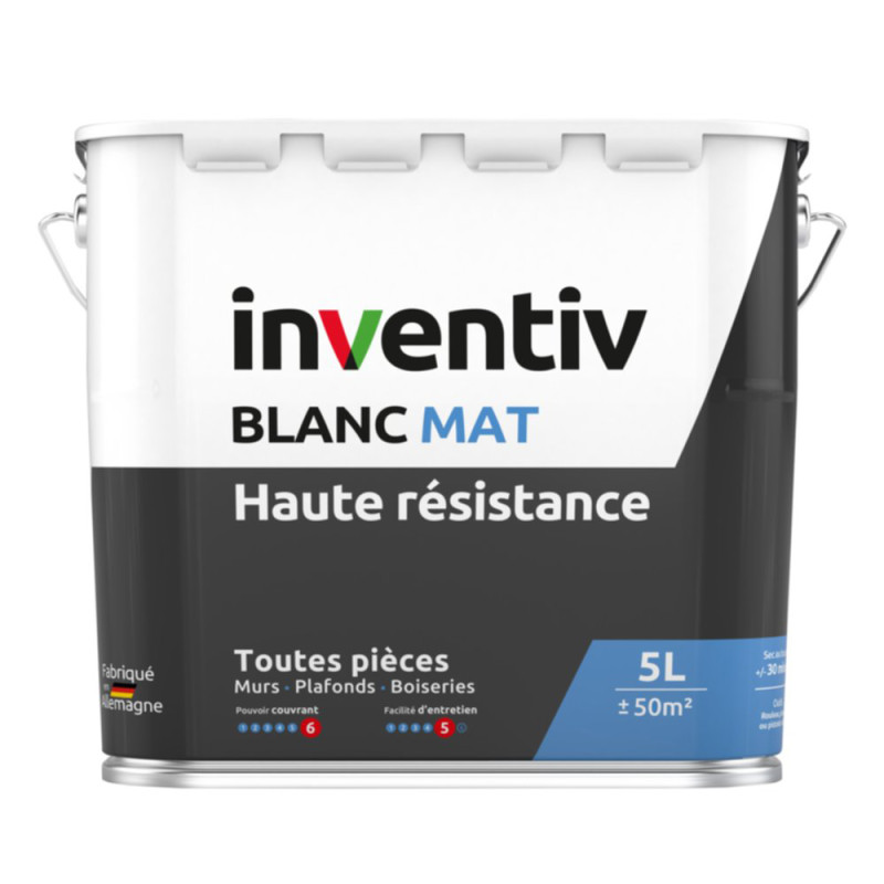 Peinture pour murs et plafonds Haute Résistance blanc mat 5 L INVENTIV