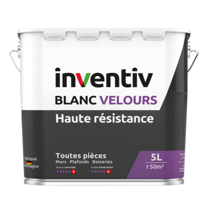 Peinture pour murs et plafonds Haute Résistance blanc velours 5 L INVENTIV