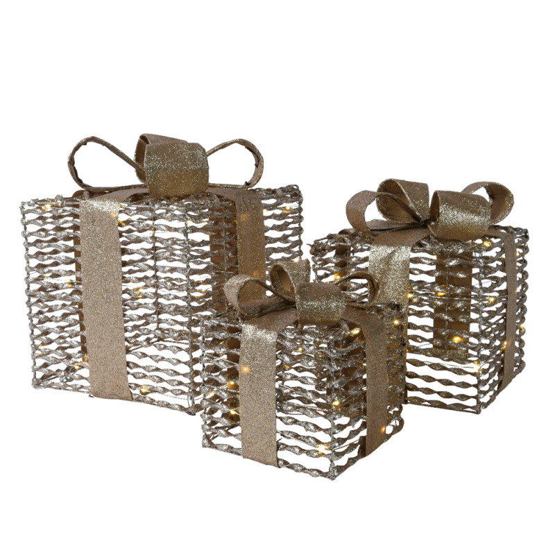 Set de cadeaux dorés en rotin LED 3 pièces LUMINEO