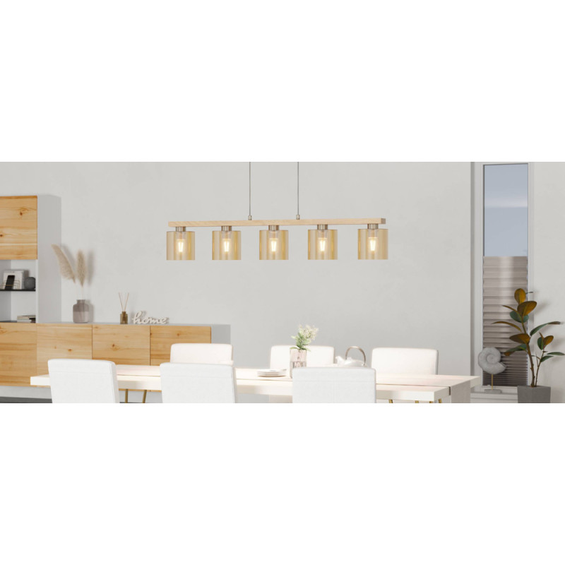 Suspension Castralvo nickel mat et bois clair E27 5 × 28 W EGLO Suspension Castralvo nickel mat et bois clair E27 5 × 28 W EGLO