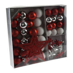 Set de décorations pour sapin argenté, blanc et rouge 45 pièces