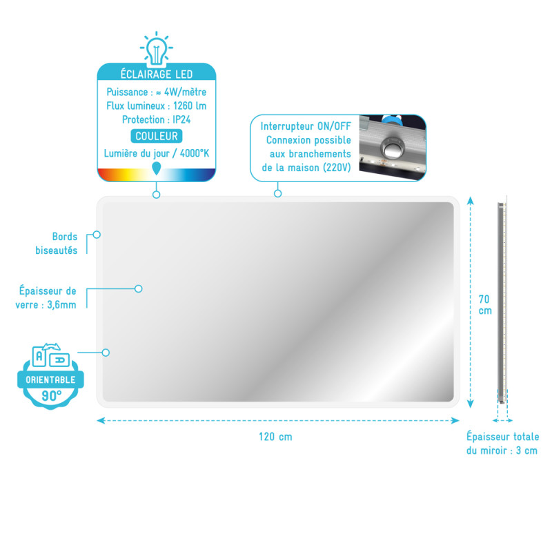 Miroir LED Start 70 x 120 cm AURLANE