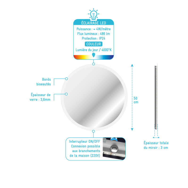 Miroir LED Start Ø 50 cm AURLANE Miroir LED Start Ø 50 cm AURLANE