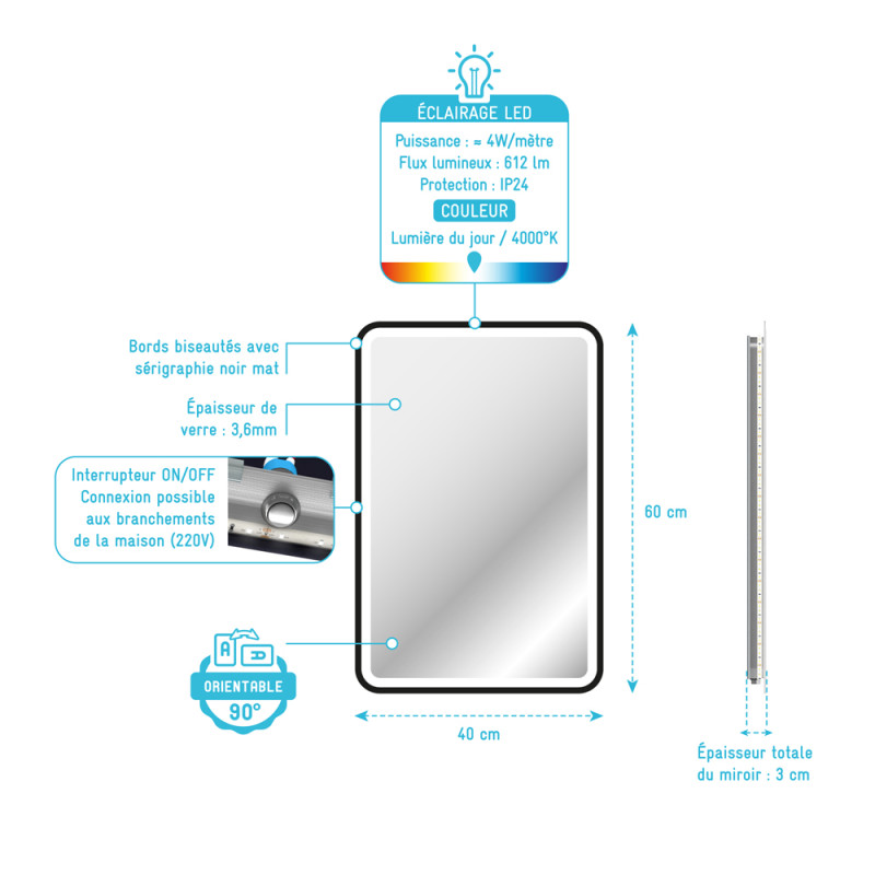 Miroir LED Start noir 40 x 60 cm AURLANE Miroir LED Start noir 40 x 60 cm AURLANE
