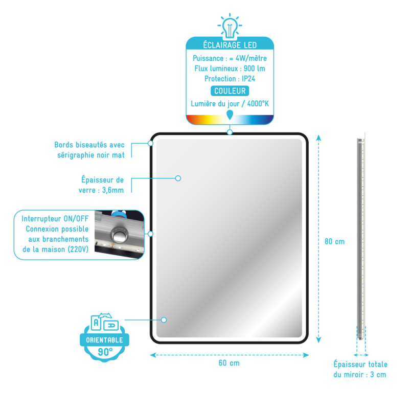 Miroir LED Start noir 60 x 80 cm AURLANE Miroir LED Start noir 60 x 80 cm AURLANE