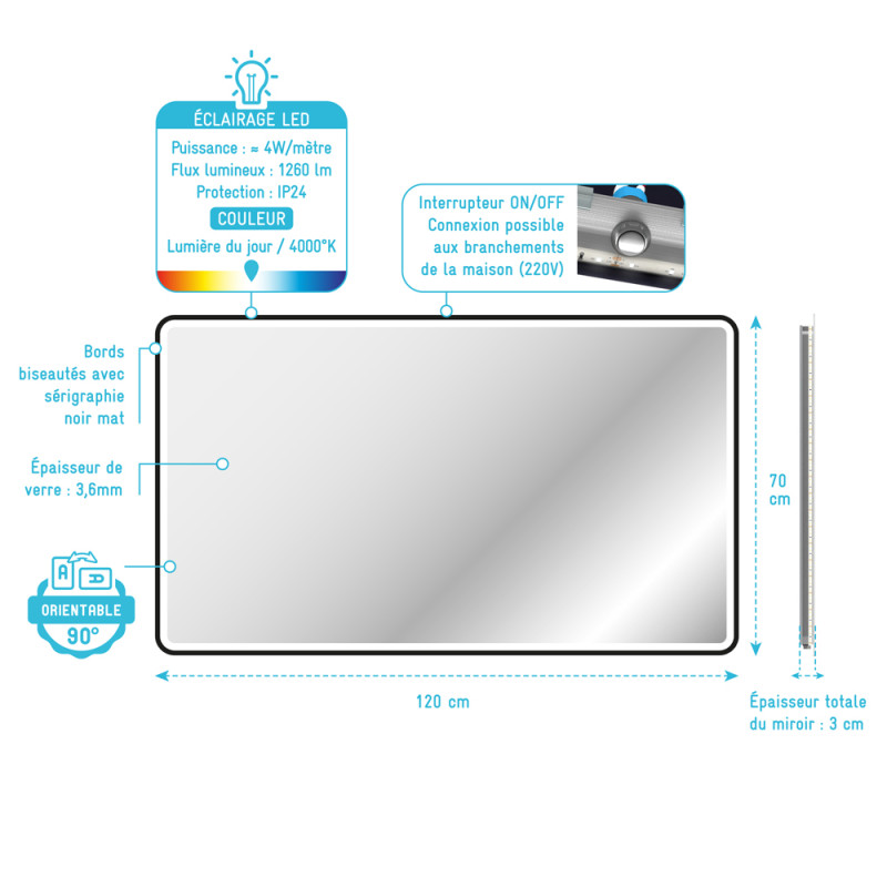 Miroir LED Start noir 70 x 120 cm AURLANE