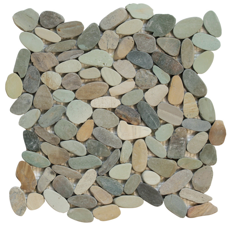 Carrelage mosaïque mini galets rectifiés beige, gris, or et noir 30 x 30 cm