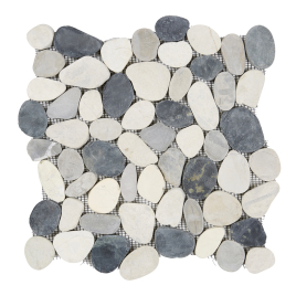Carrelage mosaïque galets rectifiés blanc et gris 30 x 30 cm