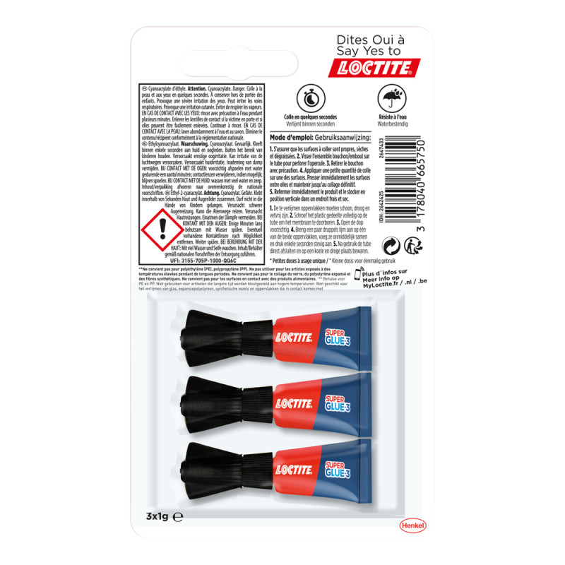 Colle Super Glue-3 Mini Dose 1 g 3 pièces LOCTITE Colle Super Glue-3 Mini Dose 1 g 3 pièces LOCTITE
