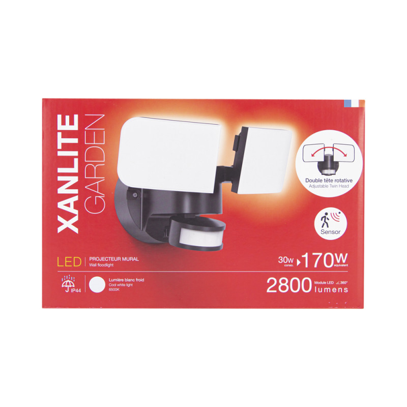 Projecteur extérieur LED avec deux têtes et détecteur de mouvement noir 30 W XANLITE Projecteur extérieur LED avec deux têtes et détecteur de mouvement noir 30 W XANLITE
