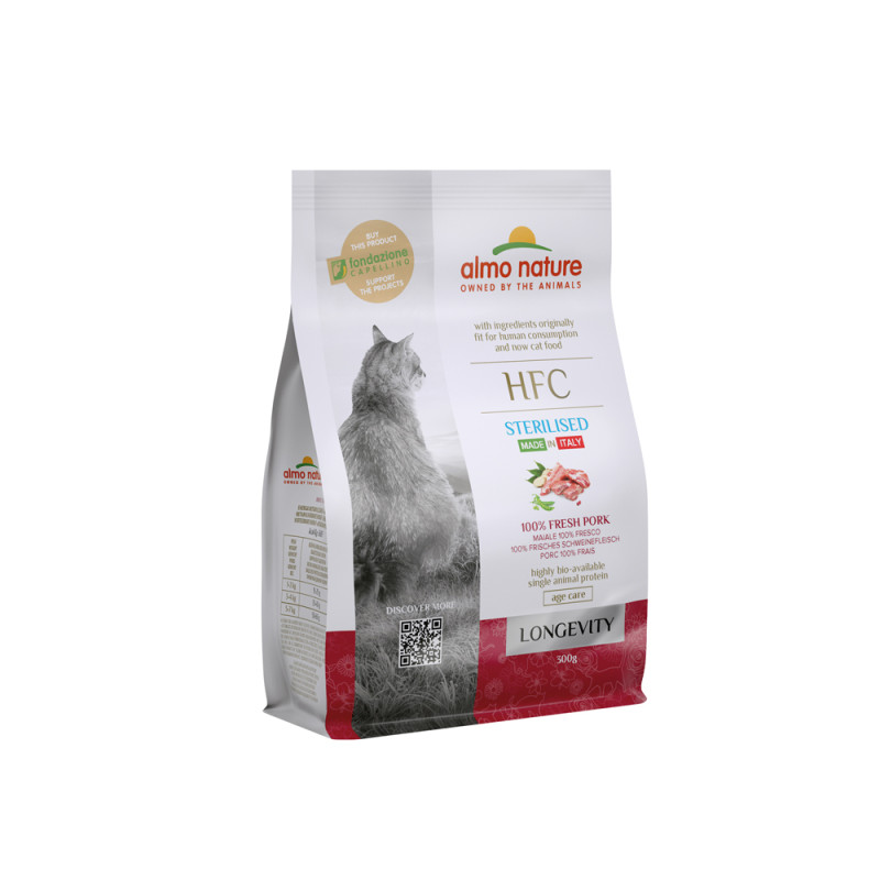 Sac de croquettes pour chat stérilisé Almo Nature Longevity Porc 0,3 kg