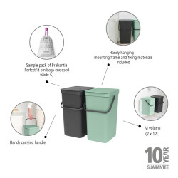 Poubelle de tri à encastrer Sort&Go verte et grise 2 x 12 L BRABANTIA