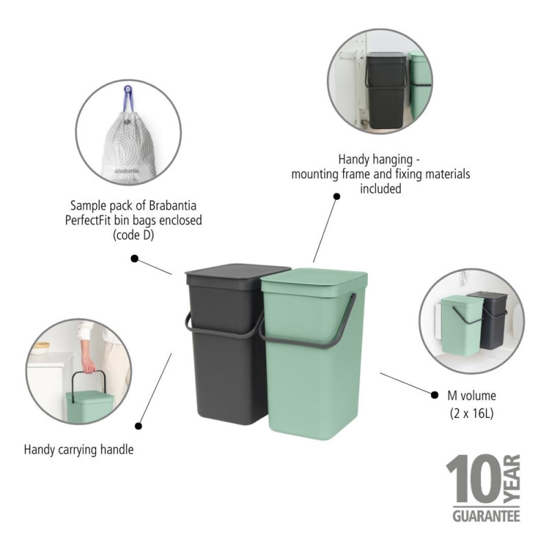 Poubelle de tri à encastrer Sort&Go verte et grise 2 x 16 L BRABANTIA
