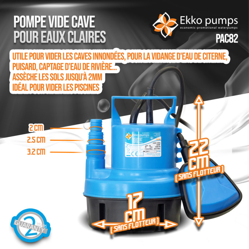 Pompe vide-cave pour eau claire avec flotteur 200 W EKKOPUMPS Pompe vide-cave pour eau claire avec flotteur 200 W EKKOPUMPS