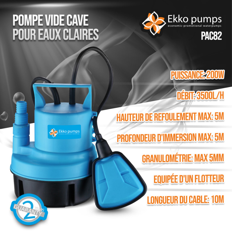 Pompe vide-cave pour eau claire avec flotteur 200 W EKKOPUMPS Pompe vide-cave pour eau claire avec flotteur 200 W EKKOPUMPS