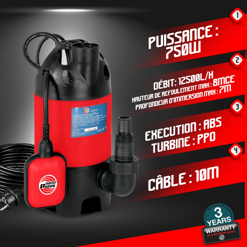 Pompe vide-cave pour eau chargée 750 W MASTERPUMPS