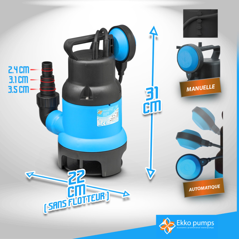 Kit pompe vide-cave pour eau chargé 400 W avec tuyau d'évacuation de 10 m EKKOPUMPS