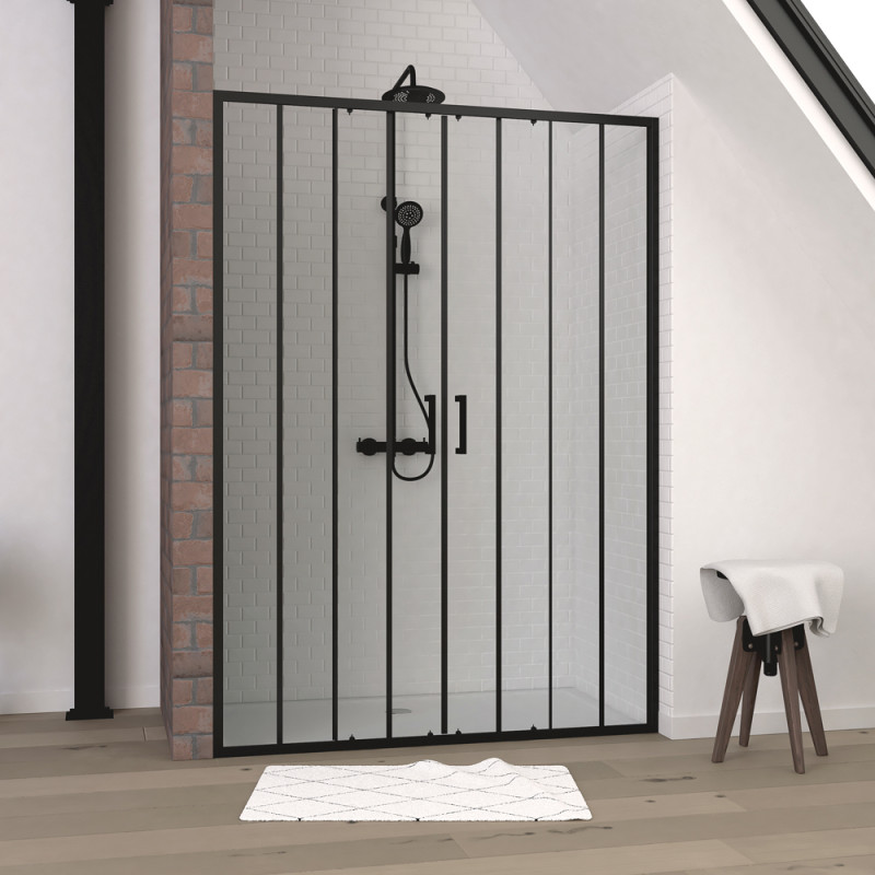 Paroi de douche à double porte coulissante Factor X noire 140 x 200 cm AURLANE Paroi de douche à double porte coulissante Factor X noire 140 x 200 cm AURLANE