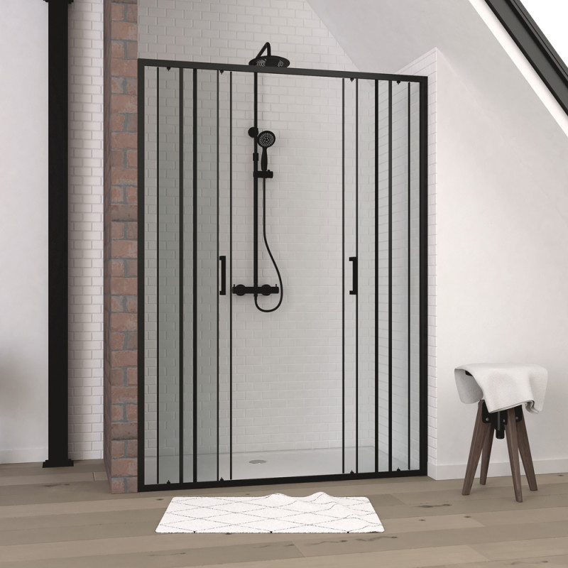 Paroi de douche à double porte coulissante Factor X noire 140 x 200 cm AURLANE Paroi de douche à double porte coulissante Factor X noire 140 x 200 cm AURLANE
