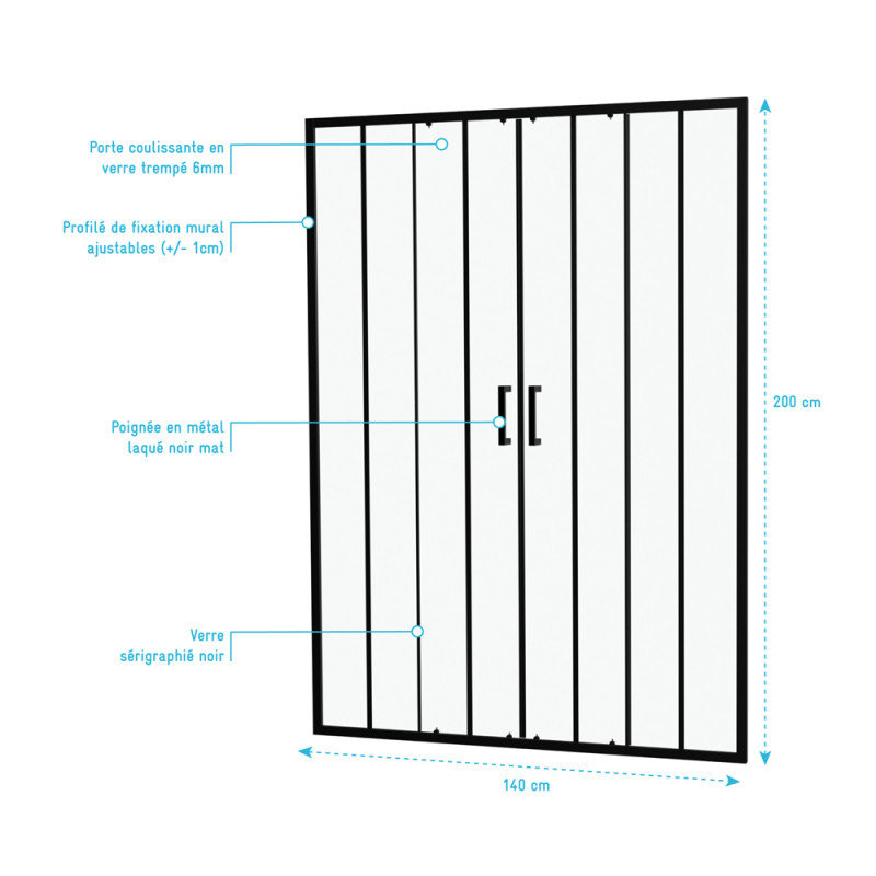 Paroi de douche à double porte coulissante Factor X noire 140 x 200 cm AURLANE Paroi de douche à double porte coulissante Factor X noire 140 x 200 cm AURLANE