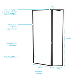 Paroi de douche avec volet Dark Edge noire 80 + 40 x 200 cm AURLANE Paroi de douche avec volet Dark Edge noire 80 + 40 x 200 cm AURLANE