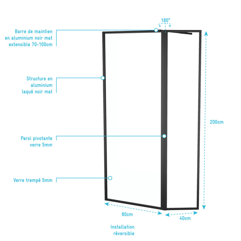 Paroi de douche avec volet Dark Edge noire 80 + 40 x 200 cm AURLANE Paroi de douche avec volet Dark Edge noire 80 + 40 x 200 cm AURLANE