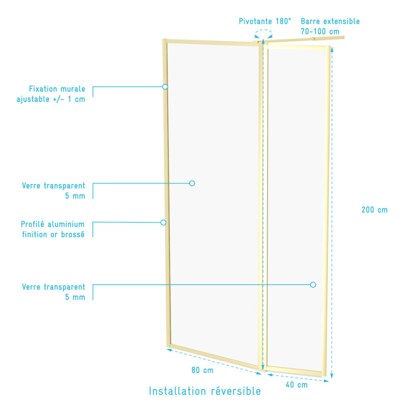 Paroi de douche avec volet Golden Edge 80 + 40 x 200 cm AURLANE Paroi de douche avec volet Golden Edge 80 + 40 x 200 cm AURLANE
