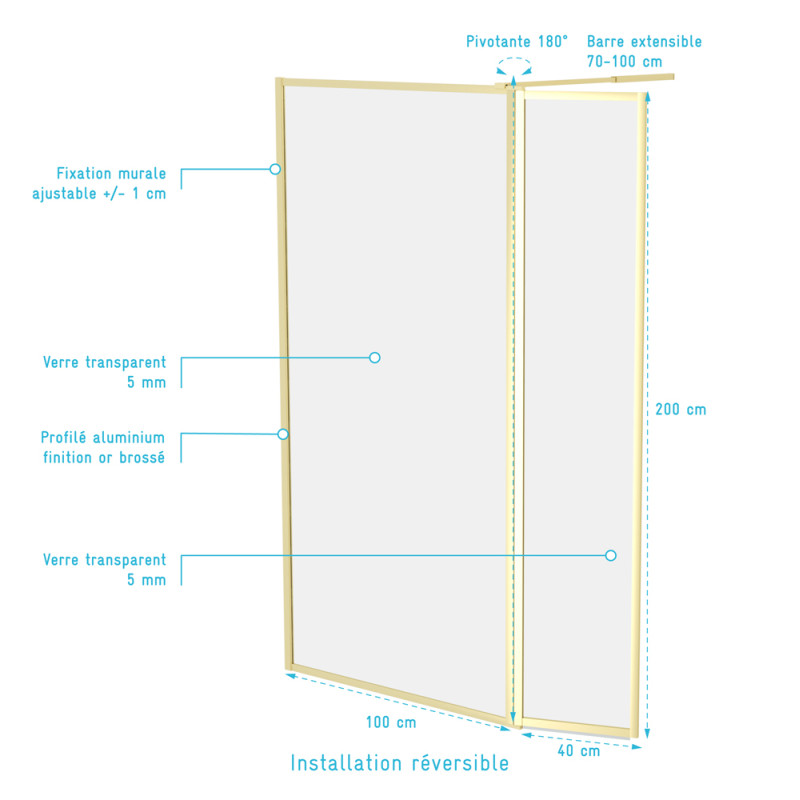 Paroi de douche avec volet Golden Edge 100 + 40 x 200 cm AURLANE Paroi de douche avec volet Golden Edge 100 + 40 x 200 cm AURLANE