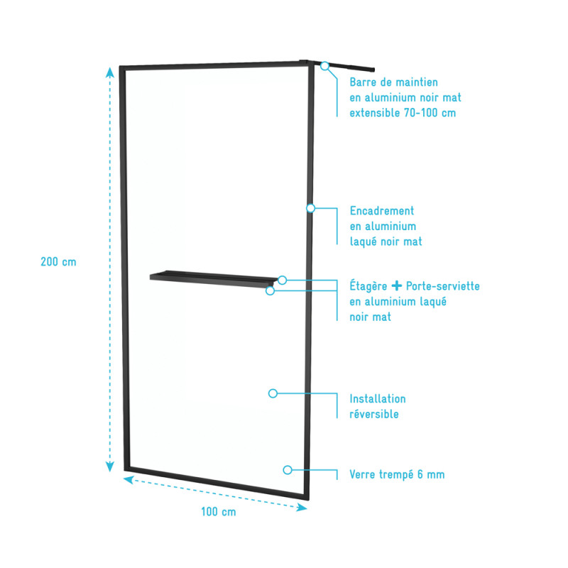 Paroi de douche Dark Edge Shelf 100 x 200 cm AURLANE Paroi de douche Dark Edge Shelf 100 x 200 cm AURLANE