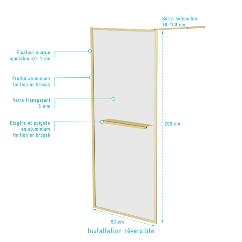 Paroi de douche Golden Edge Shelf 90 x 200 cm AURLANE Paroi de douche Golden Edge Shelf 90 x 200 cm AURLANE