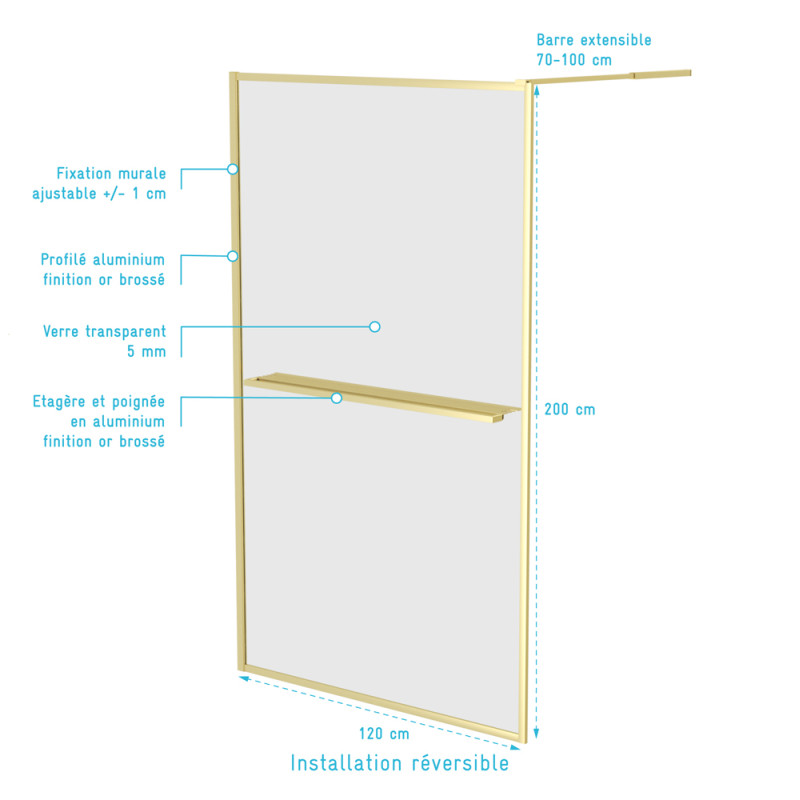 Paroi de douche Golden Edge Shelf 120 x 200 cm AURLANE Paroi de douche Golden Edge Shelf 120 x 200 cm AURLANE