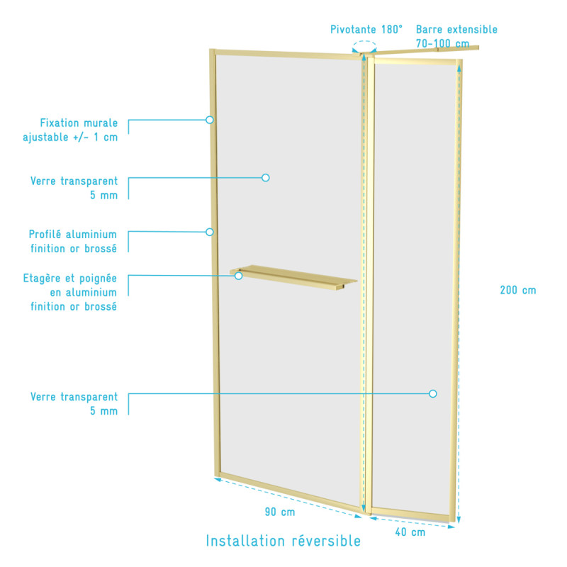 Paroi de douche avec volet Golden Edge Shelf 90 + 40 x 200 cm AURLANE Paroi de douche avec volet Golden Edge Shelf 90 + 40 x 200 cm AURLANE