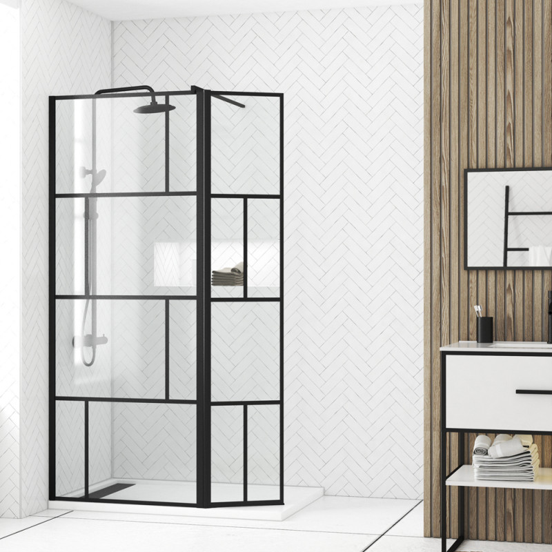 Paroi de douche avec volet Bricks noir 80 + 40 x 195 cm AURLANE Paroi de douche avec volet Bricks noir 80 + 40 x 195 cm AURLANE