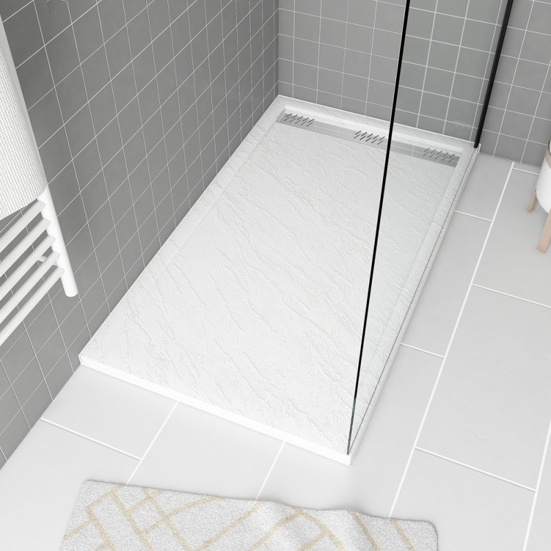 Receveur de douche avec grille linéaire Pedra blanc 80 x 140 cm AURLANE Receveur de douche avec grille linéaire Pedra blanc 80 x 140 cm AURLANE
