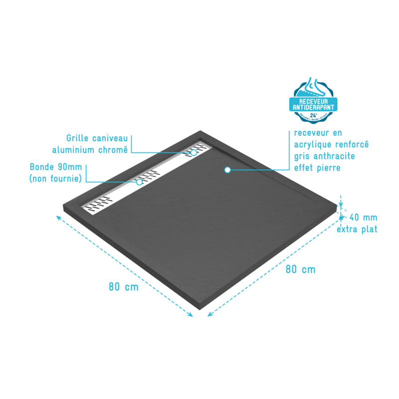 Receveur de douche avec grille linéaire Pedra gris 80 x 80 cm AURLANE