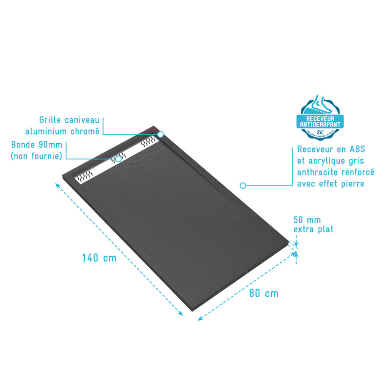 Receveur de douche avec grille linéaire Pedra gris 80 x 140 cm AURLANE