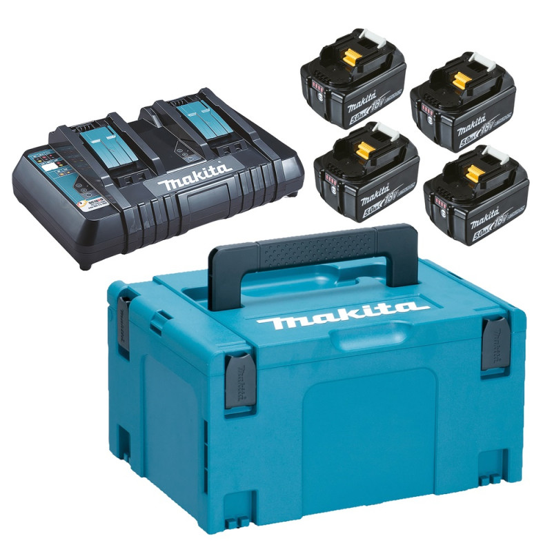 Set de 4 batteries Lithium-Ion avec chargeur double 18 V 5 Ah MAKITA