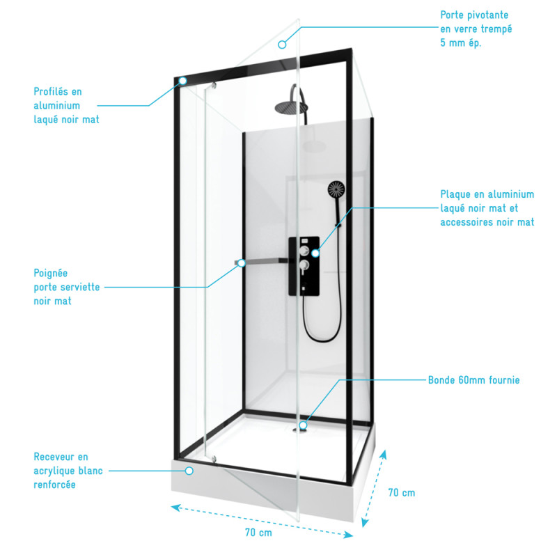 Cabine de douche City carrée 70 x 70 x 225 cm AURLANE