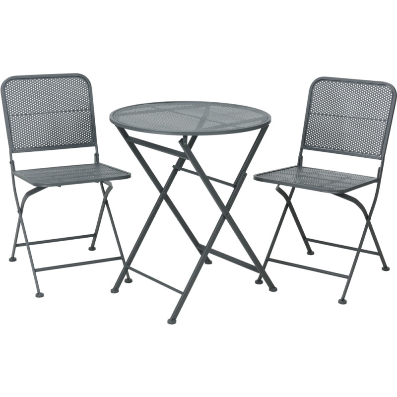 Ensemble bistro gris : 1 table ronde et 2 chaises pliantes