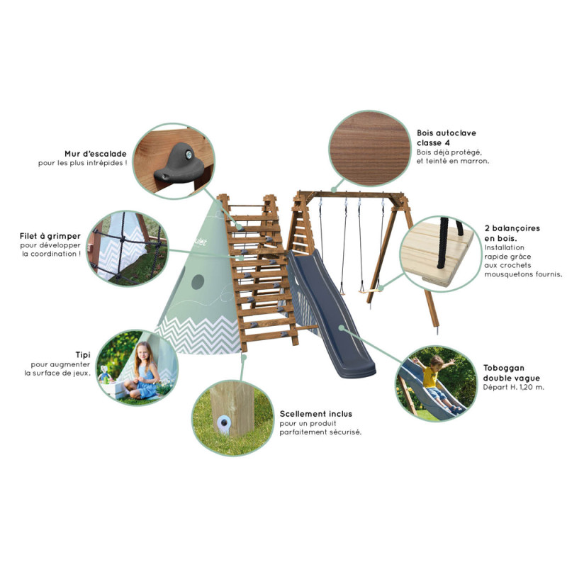 Portique en bois Apollon : Tour de jeux & balançoire | SOULET Portique en bois Apollon : Tour de jeux & balançoire | SOULET